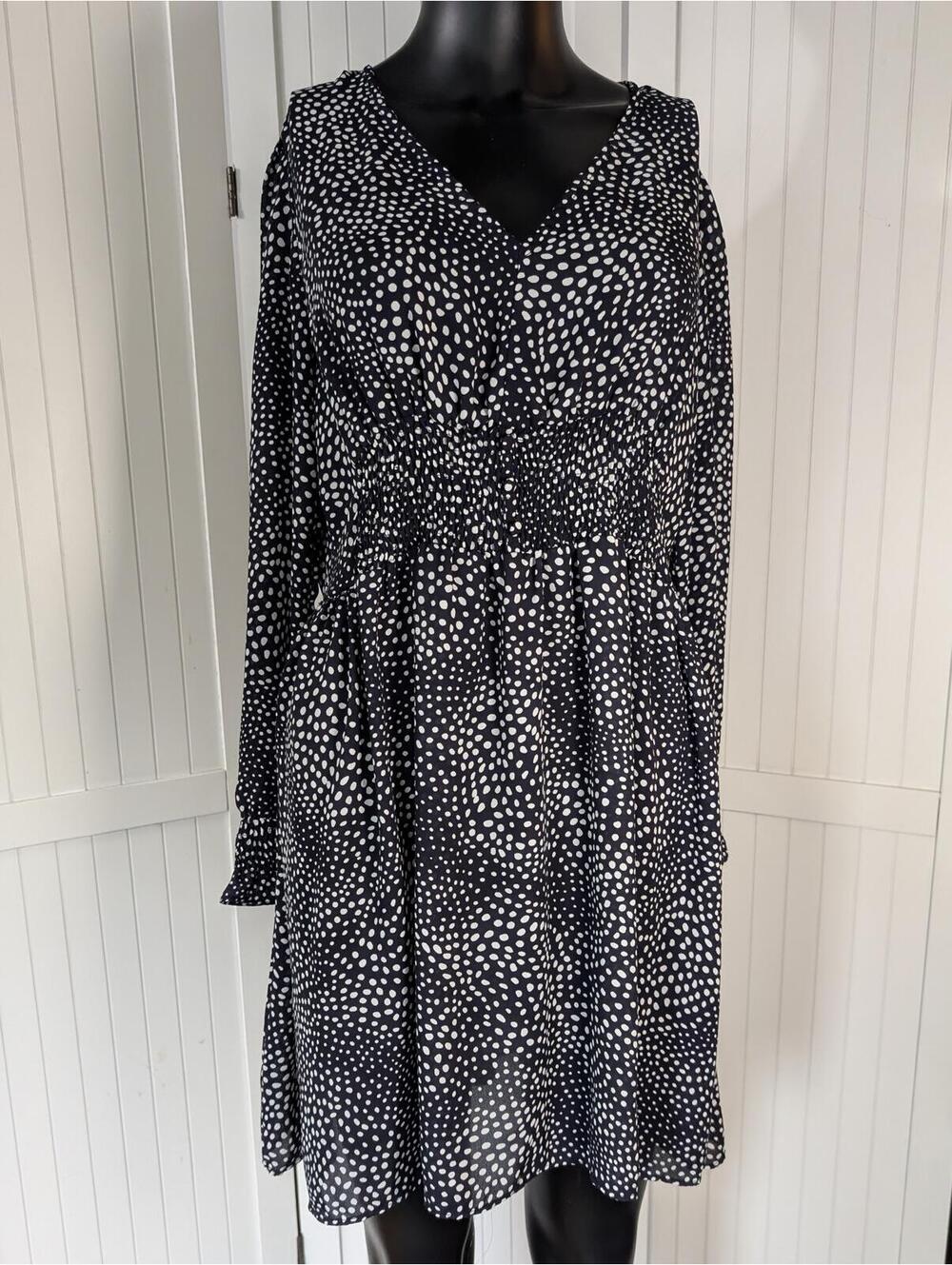 Emma & Michele M Navy White Polka Dot Smocked Waist Long Sleeve Dress